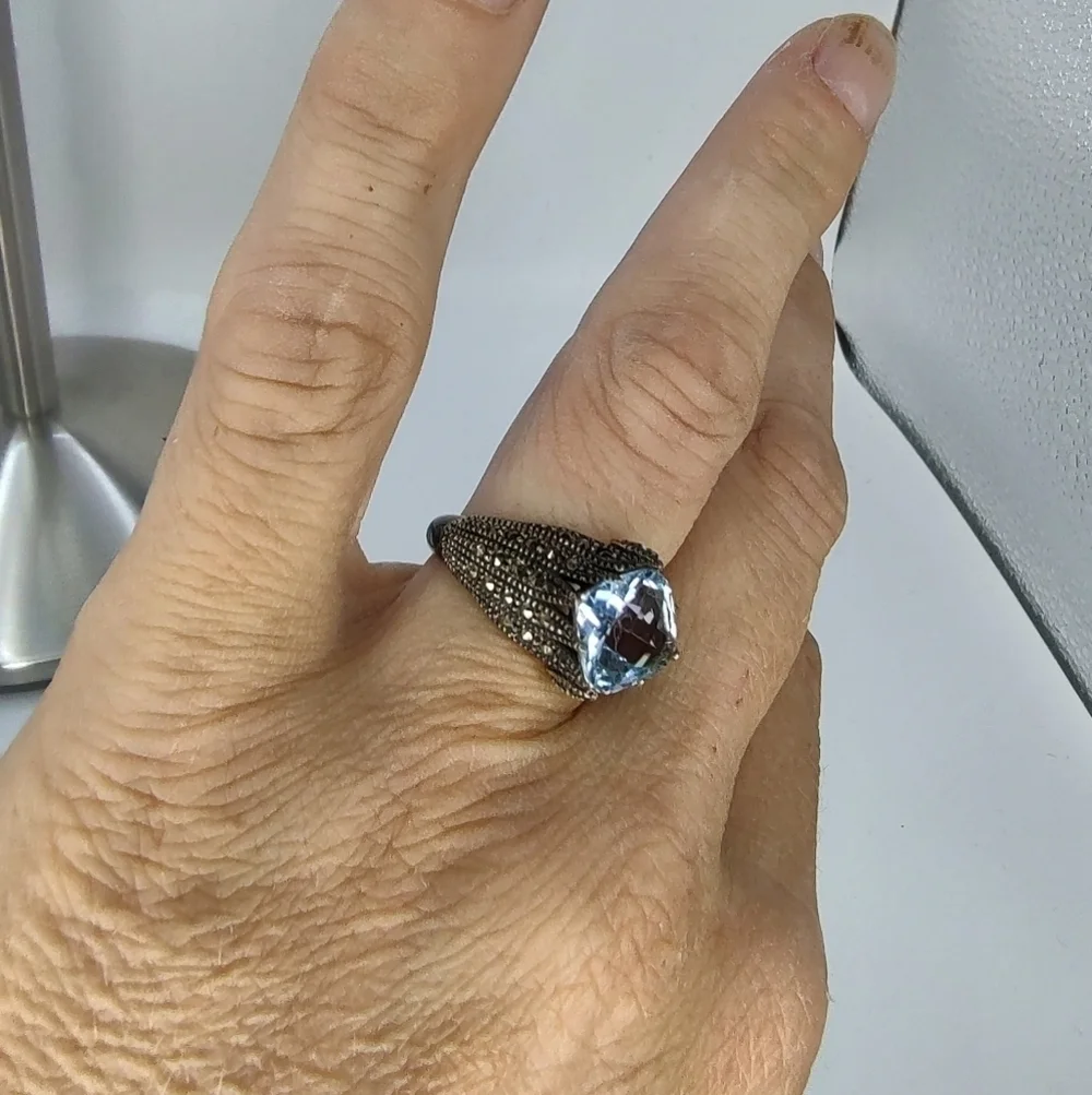 Judith Jack Ring Sterling Silver Marcasite Blue Topaz Size 7 3/4
